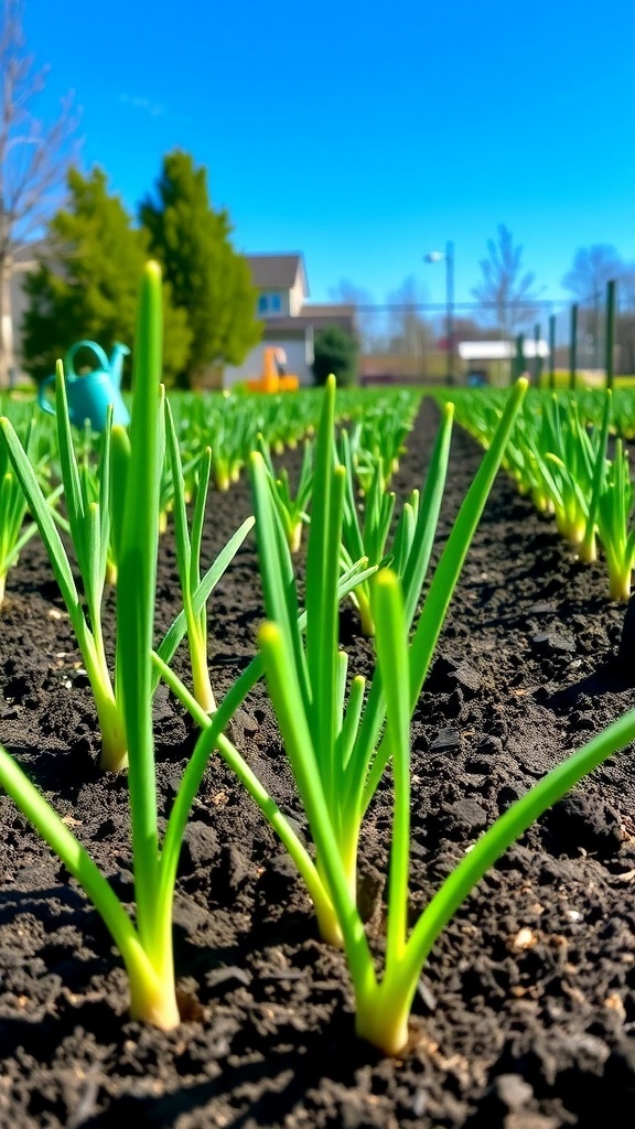 Rows of green onion shoots in a garden bed under a sunny sky.